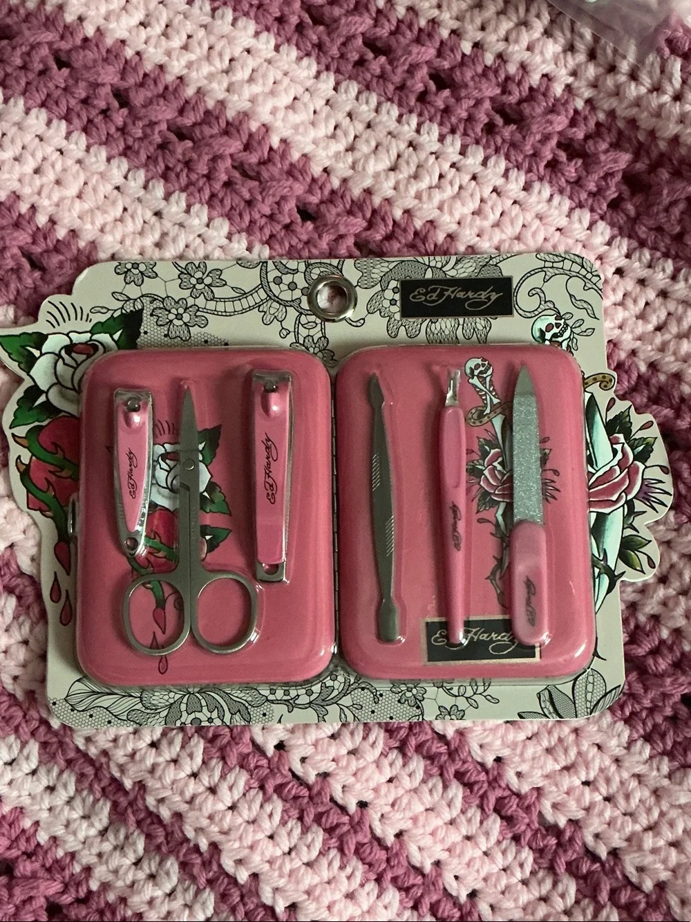 Ed Hardy Pink Travel Manicure Kit with Tattoo-Inspired Case